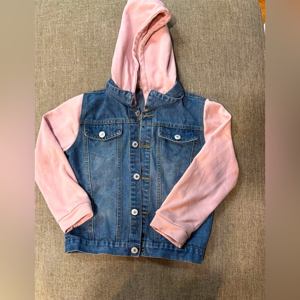 Boutique Denim Jacket with Pink sleeves and Hood